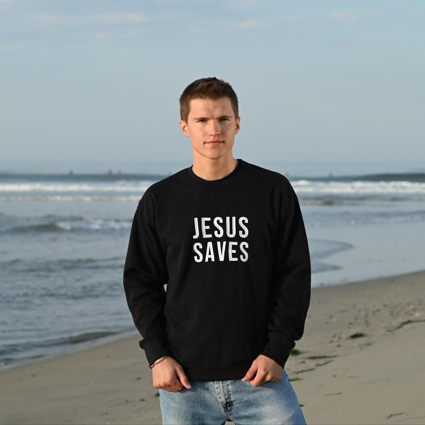 Jesus Saves Embroidered Crew- White Logo