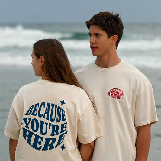 America is Beautiful Because You're Here Premium Unisex Box Tee