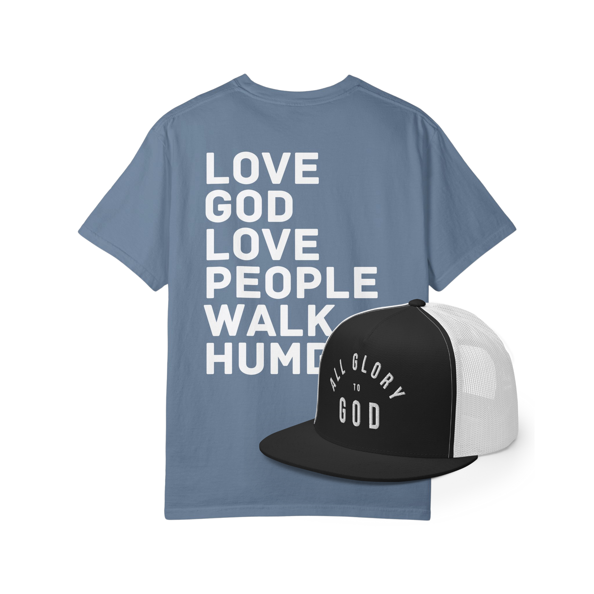 Our Bestsellers Bundle: Love God. Love People. Walk Humbly. Tee & All Glory to God Trucker Hat