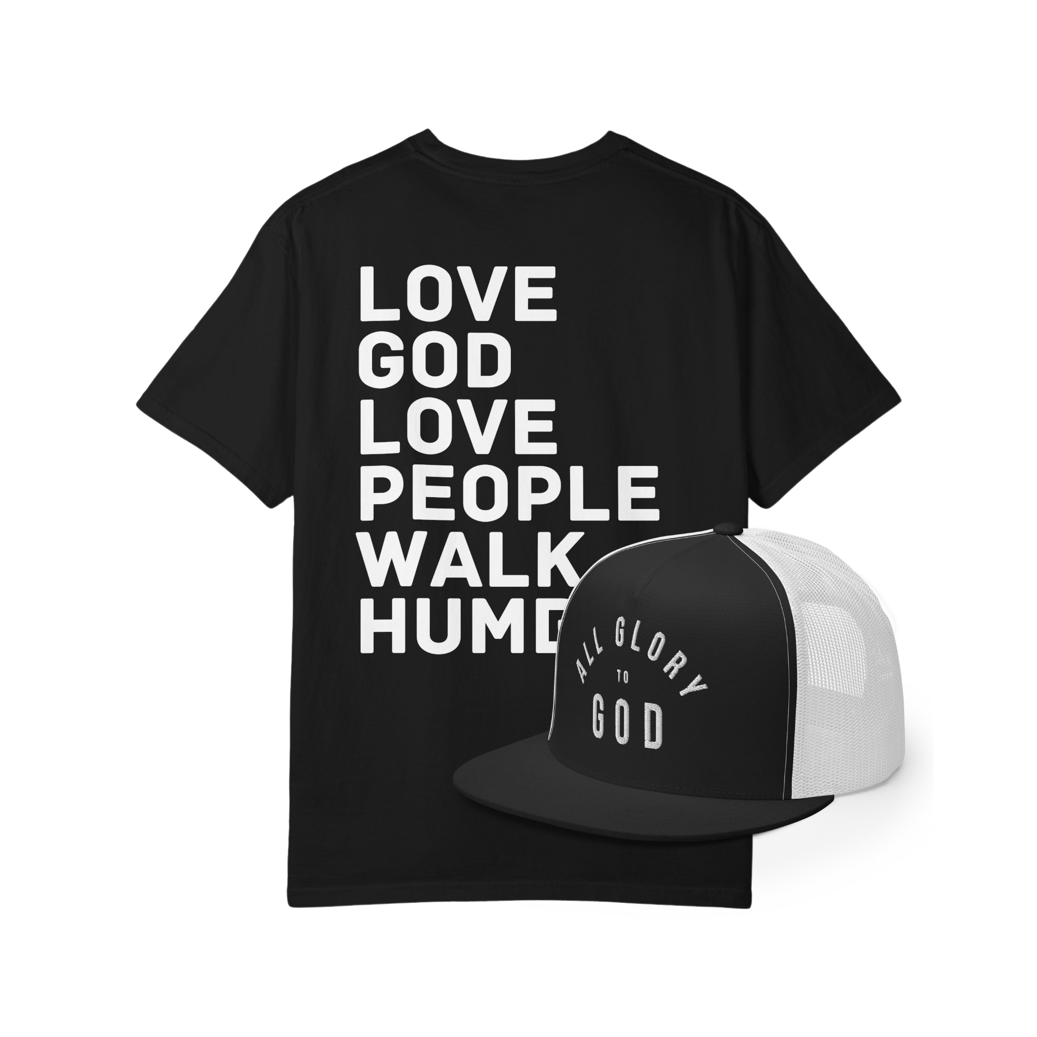 Our Bestsellers Bundle: Love God. Love People. Walk Humbly. Tee & All Glory to God Trucker Hat
