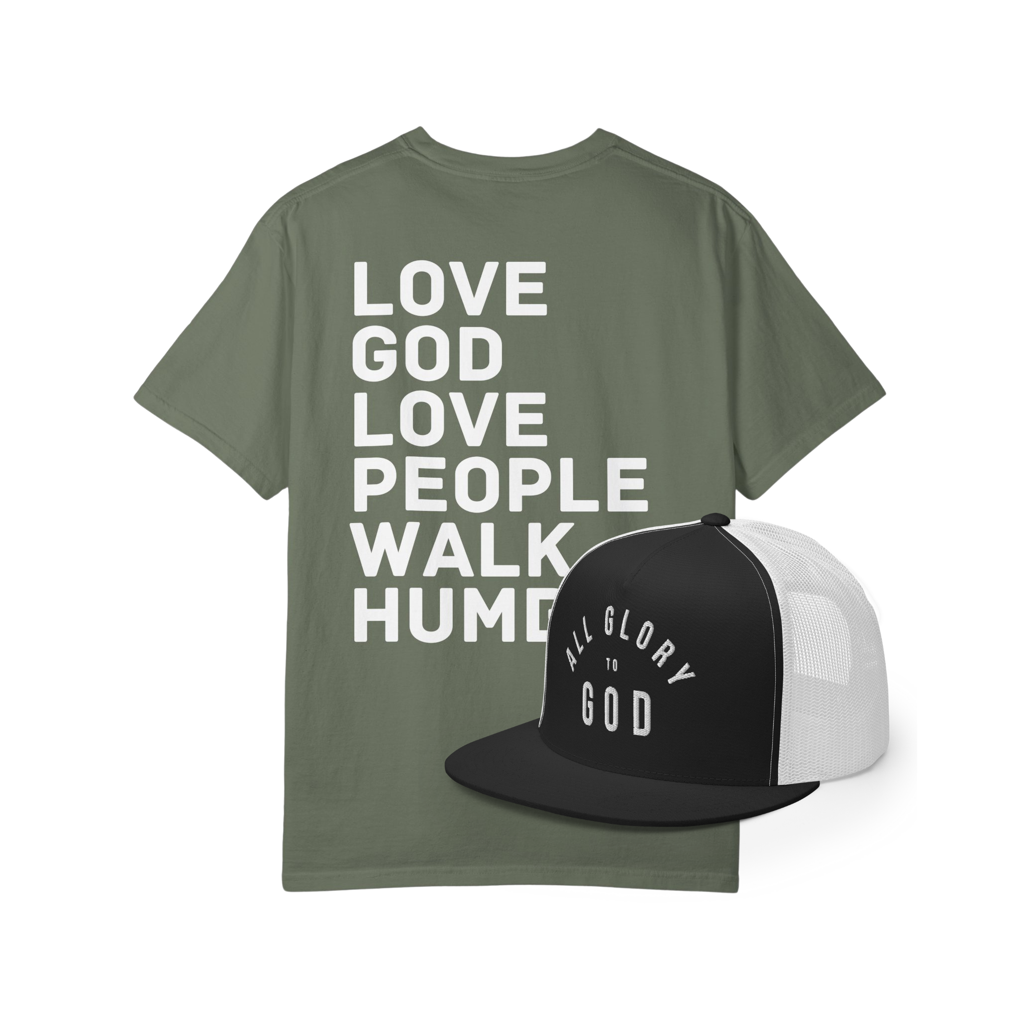 Our Bestsellers Bundle: Love God. Love People. Walk Humbly. Tee & All Glory to God Trucker Hat