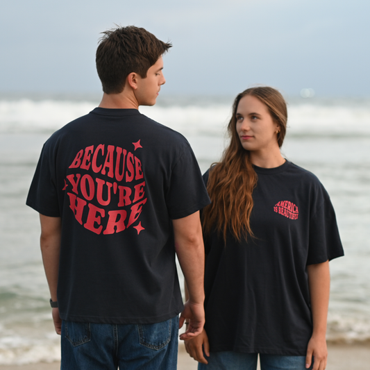 America is Beautiful Because You're Here Premium Unisex Box Tee (Navy)