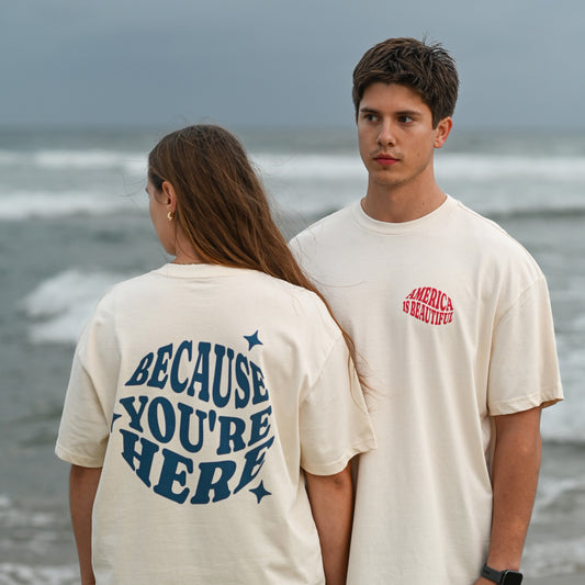 America is Beautiful Because You're Here Premium Unisex Box Tee